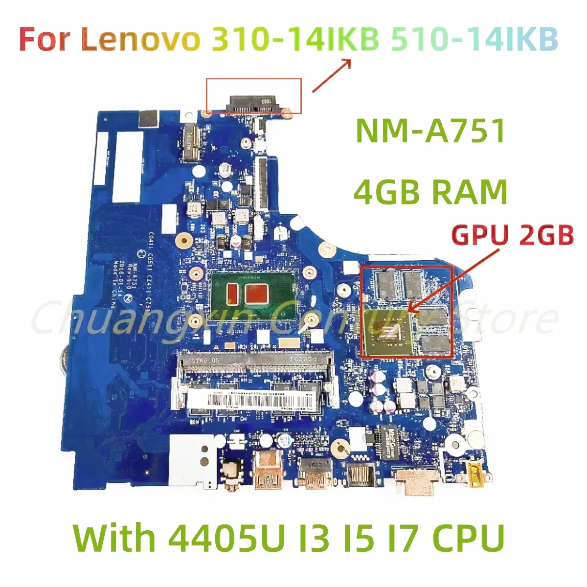 For Lenovo 510-14IKB 510-14ISK 310-14IKB 310-14ISK laptop motherboard NM-A751 with 4405U I3 I5 I7 CPU GT920M/940M 2G GPU 4G RAM