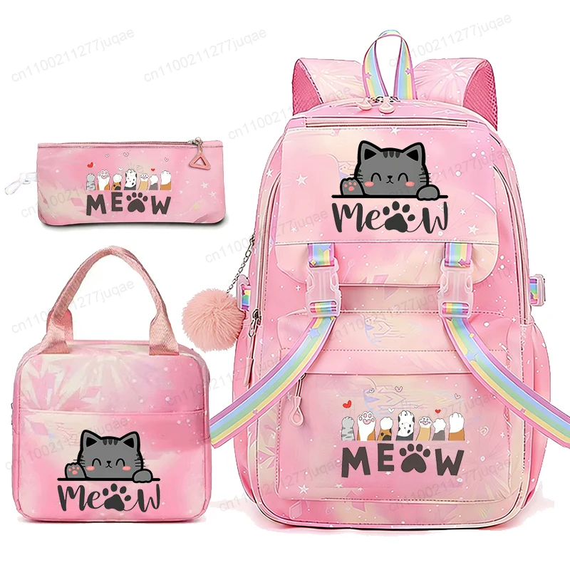 

Kawaii Cat Anime School Backpack 3Pcs Set Teenager Student Schoolbag Cute Bookbag with Portable Lunch Bag Daily Travel Bag