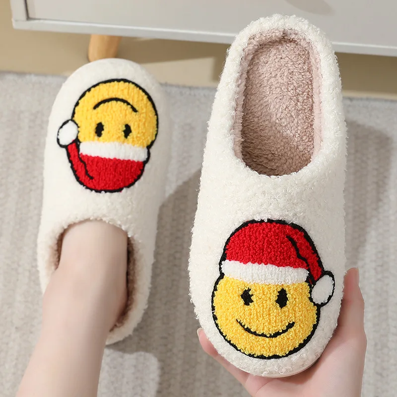 Smiley face cotton slippers for women in winter plus velvet thick-soled home warm confinement shoes indoor non-slip couple plush