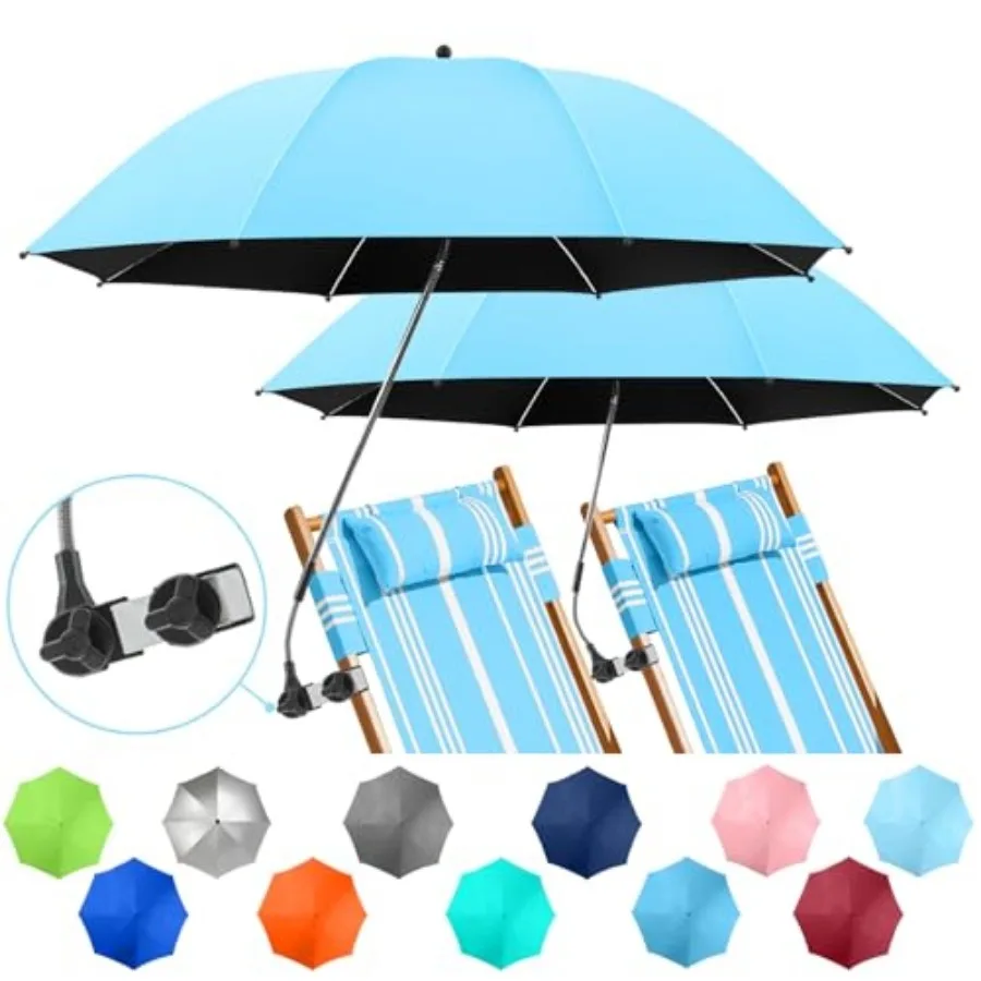 2 PACK Beach Umbrella with Clamp, 360 ° Adjustable Umbrellas for Chair, UPF50+ Umbrella for Beach Chair, Patio Chair, Wheelchai