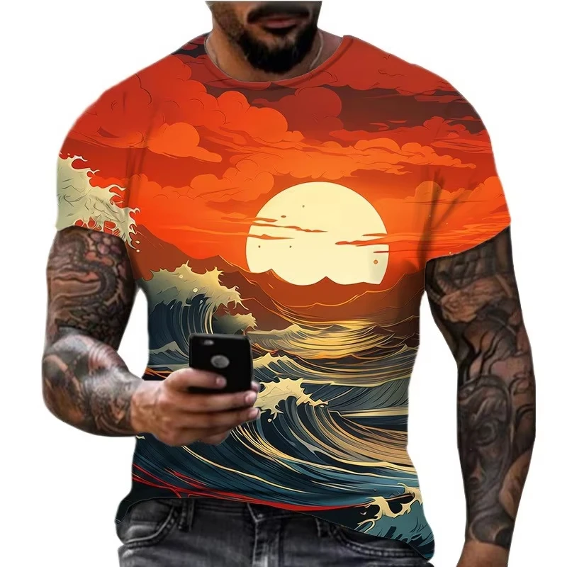 Neu 2026, 3D-Wellen-Meer-Druck Atmungsaktives Schnelltrocknendes Komfortables Rundhals-Kurzarm-T-Shirt Top