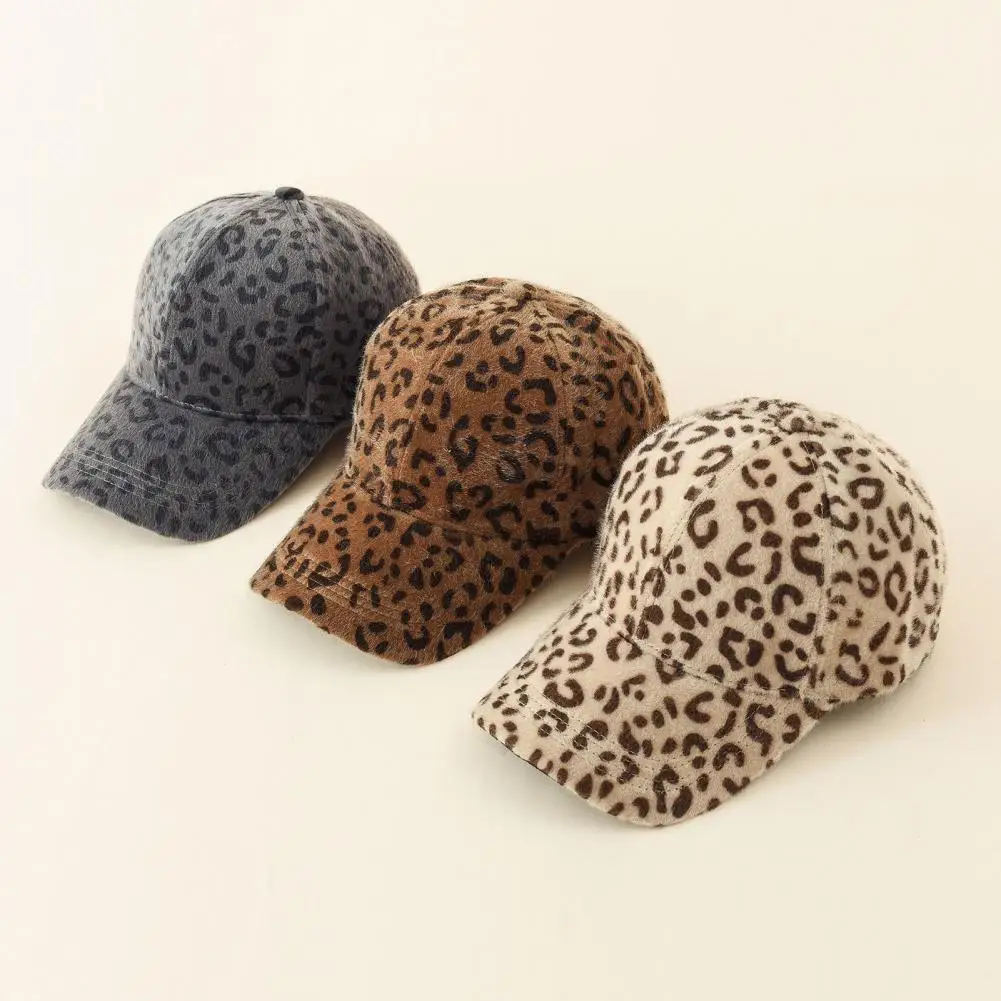 All-Match Stylish Leopard Print Plush Outdoor Hat Lightweight Unisex Cap Hook Loop Fasteners for Fall Winter