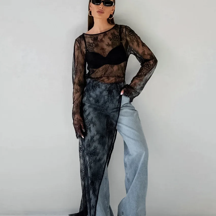 เสื้อยืดซีทรูผู้หญิงแขนยาวยาวพิเศษไม่สม่ำเสมอชายเสื้อบางเที่ยงคืนแนวโน้มที่เรียบง่ายสตรีทฤดูใบไม้ผลิฤดูร้อนเสื้อลูกไม้