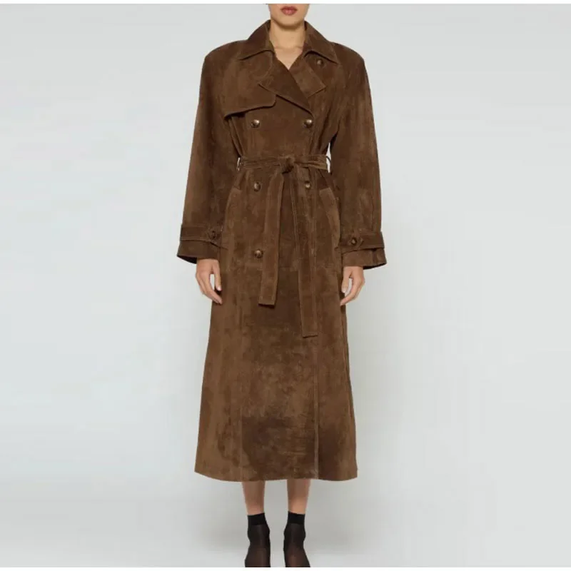 Suede Leather Long Windbreaker Coat for Lady, Full Sleeved Overcoat, High Street Outwear, Fashionable Belt, Brown, Autumn and Wi