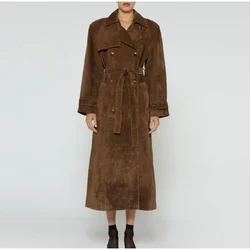 Suede Leather Long Windbreaker Coat for Lady, Full Sleeved Overcoat, High Street Outwear, Fashionable Belt, Brown, Autumn and Wi