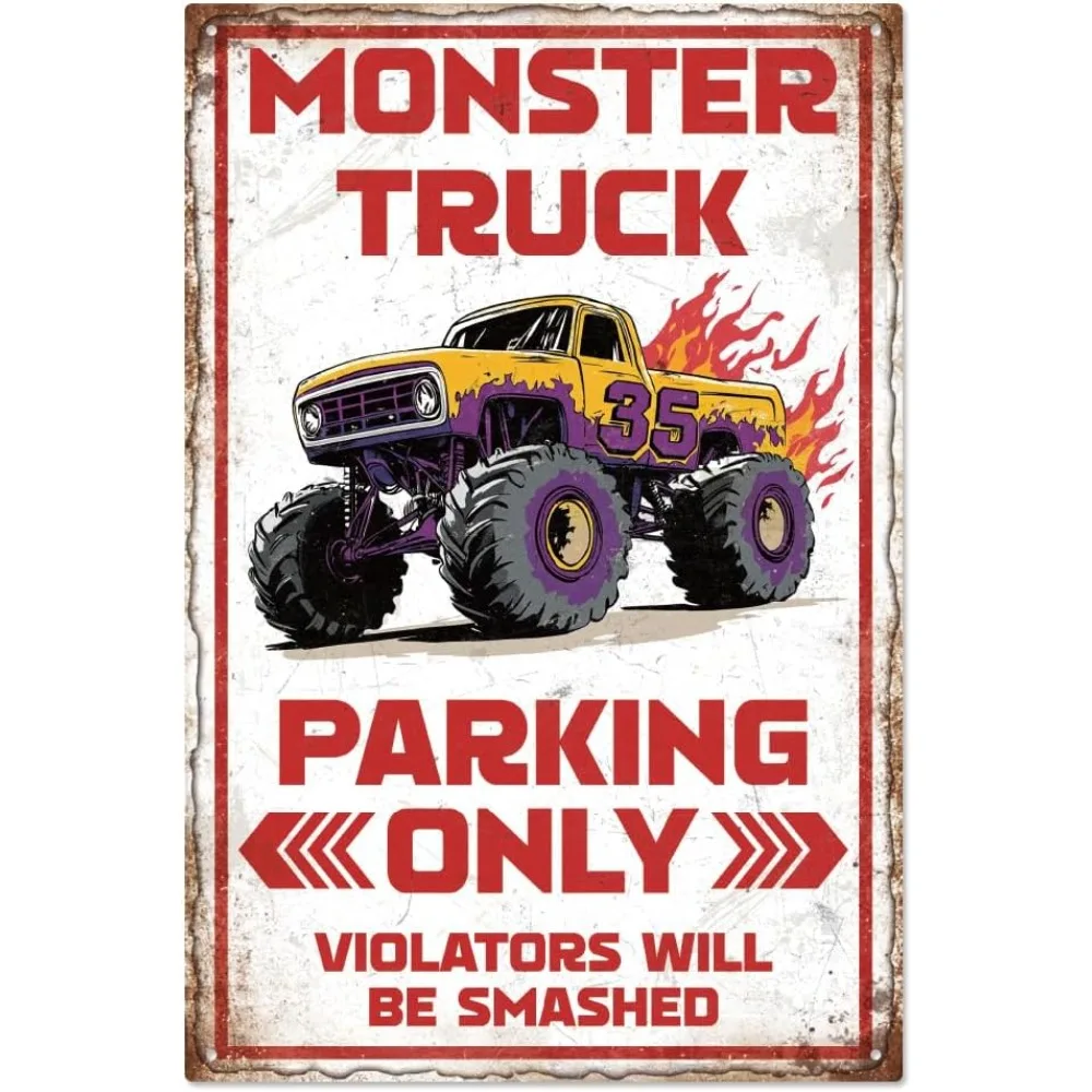 Monster Truck Vintage Metall-Blechschild 7,9x11,8 Zoll Monster Truck Nur Parken Erlaubt Metall-Heimdekoration für Männer Lustiges Wandkunst-Poster