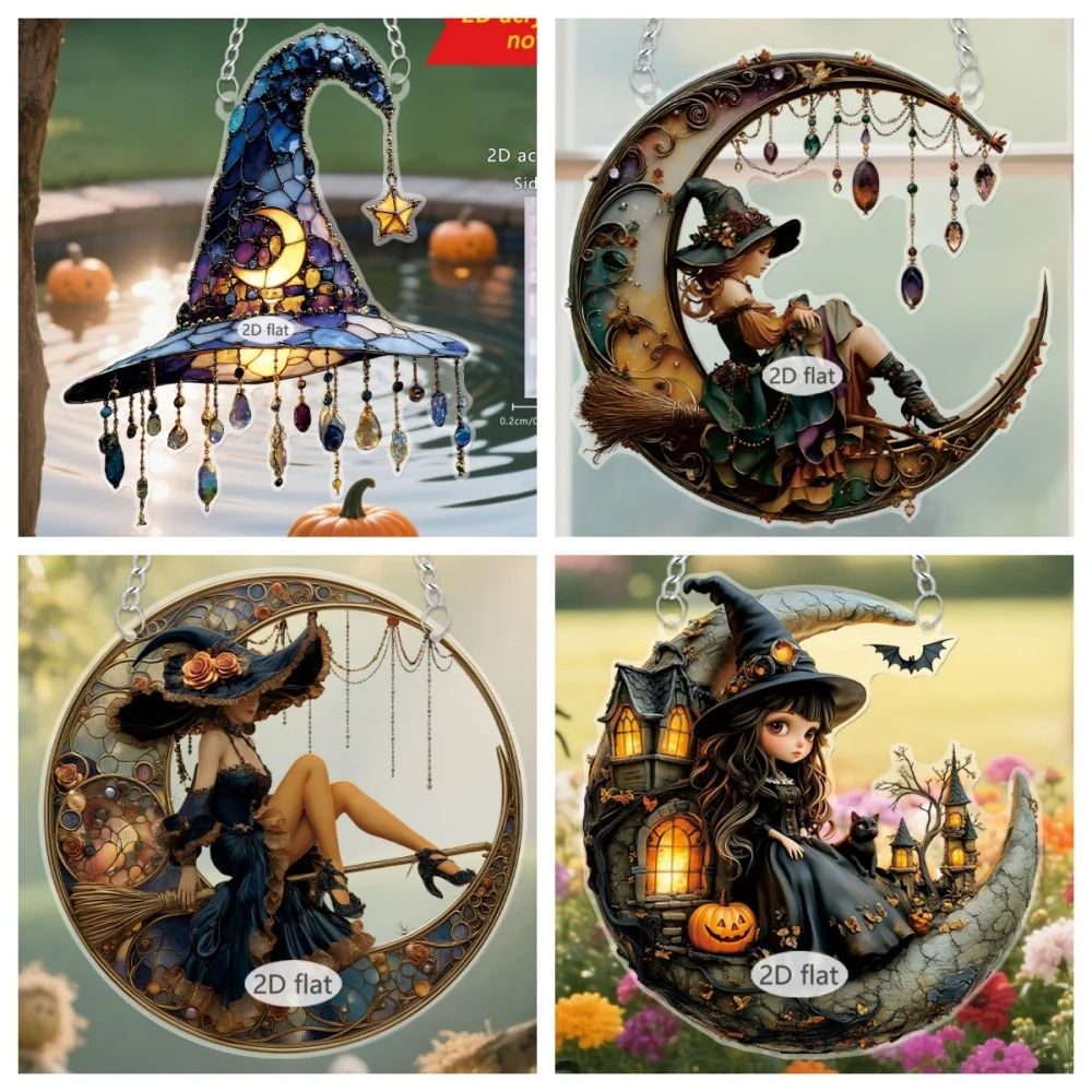 Halloween 2d Flat Acrylic Pendant Witch Pumpkin Stain Art Window Hanging Suncatcher Indoor Outdoor Porch And Garden Decoration