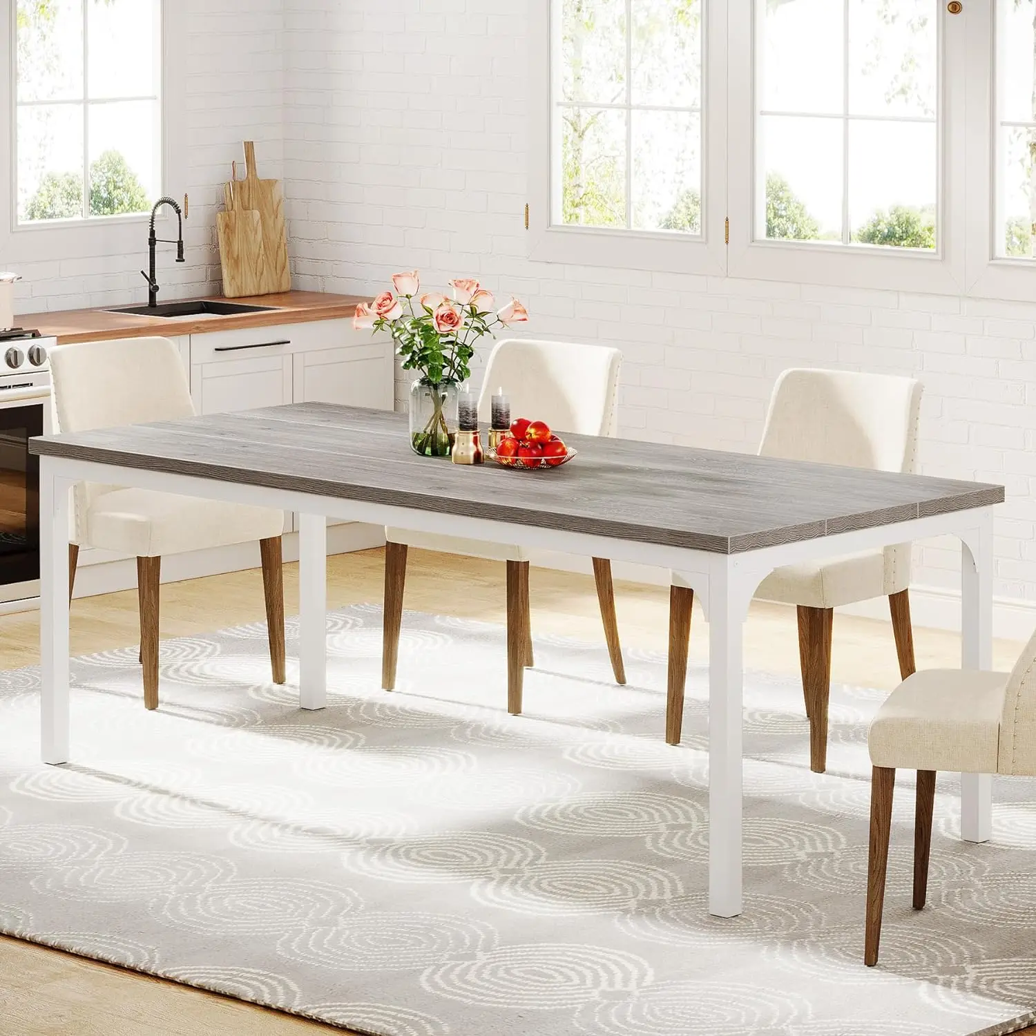 Industrial Farmhouse Dining Table for 6-8, 70.9 Inch Rectangular Wood Kitchen Table with Heavy Duty Metal Legs for Dining Room