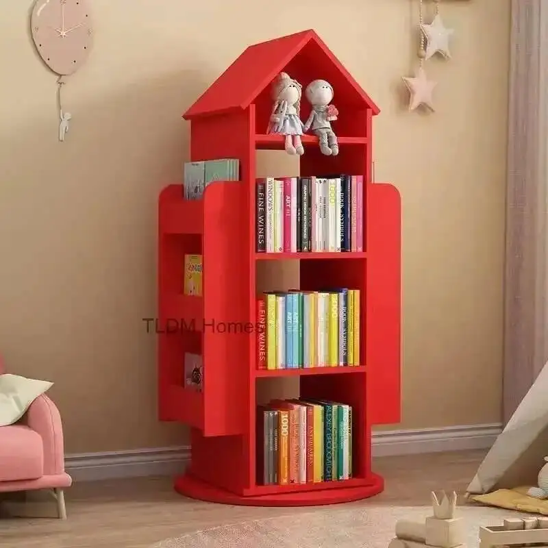 

Cartoon Wooden Bookshelfs Children's Bookcase 360° Rotating Books Rack Floor Simple Child Book Shelf for Home Living Room e