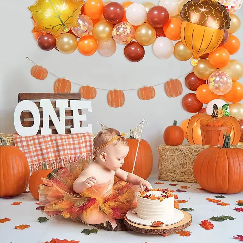 Thanksgiving Balloon Chain Set Brown Maple Leaf Pumpkin Pine Cone Aluminum Film Birthday Holiday Party Setup