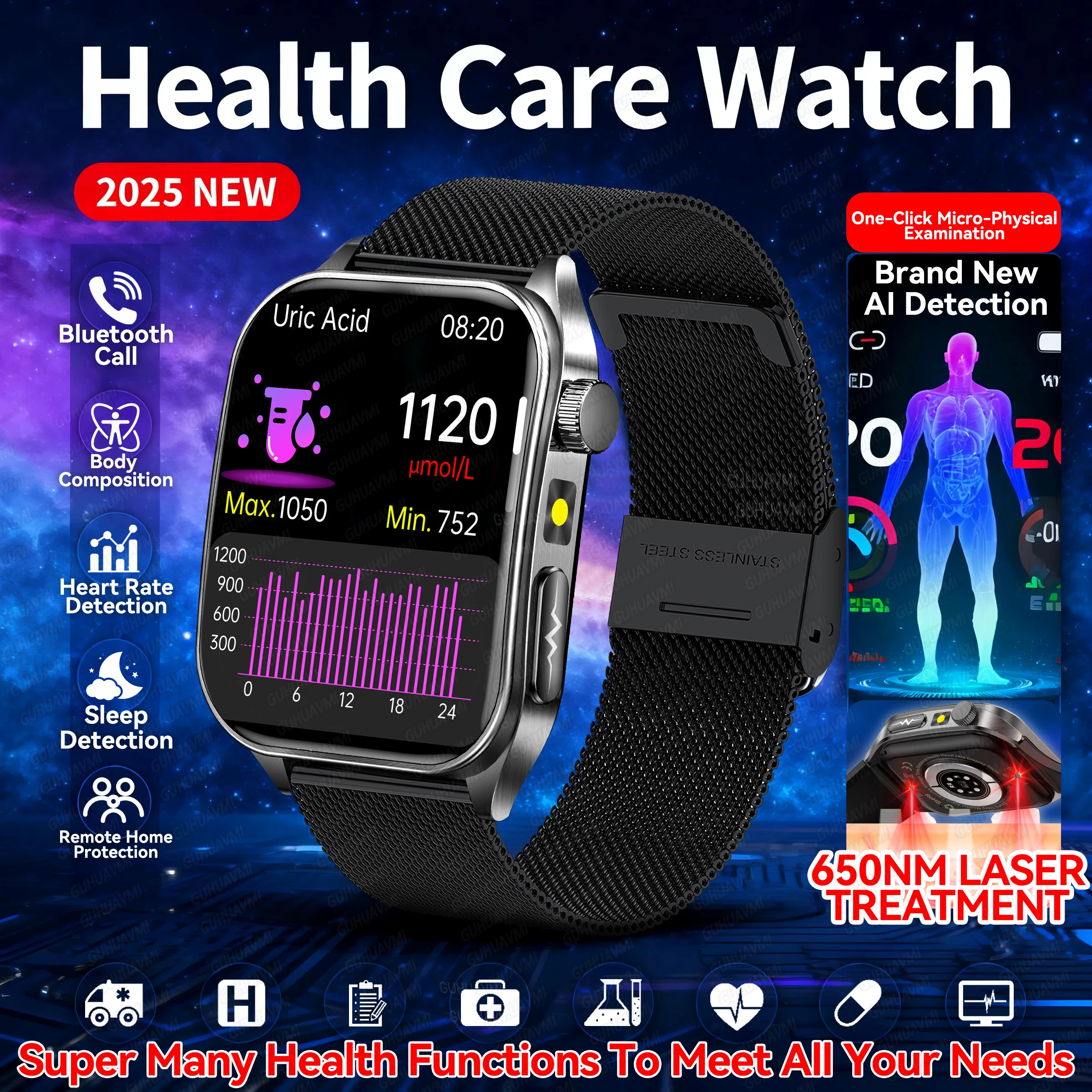 

2025 Новый AI-трекер здоровья, мочевая кислота, жир в организме, умные часы, часы для лазерной терапии, Bluetooth-вызов, ЭКГ + PPG, умный браслет, мужской Madam