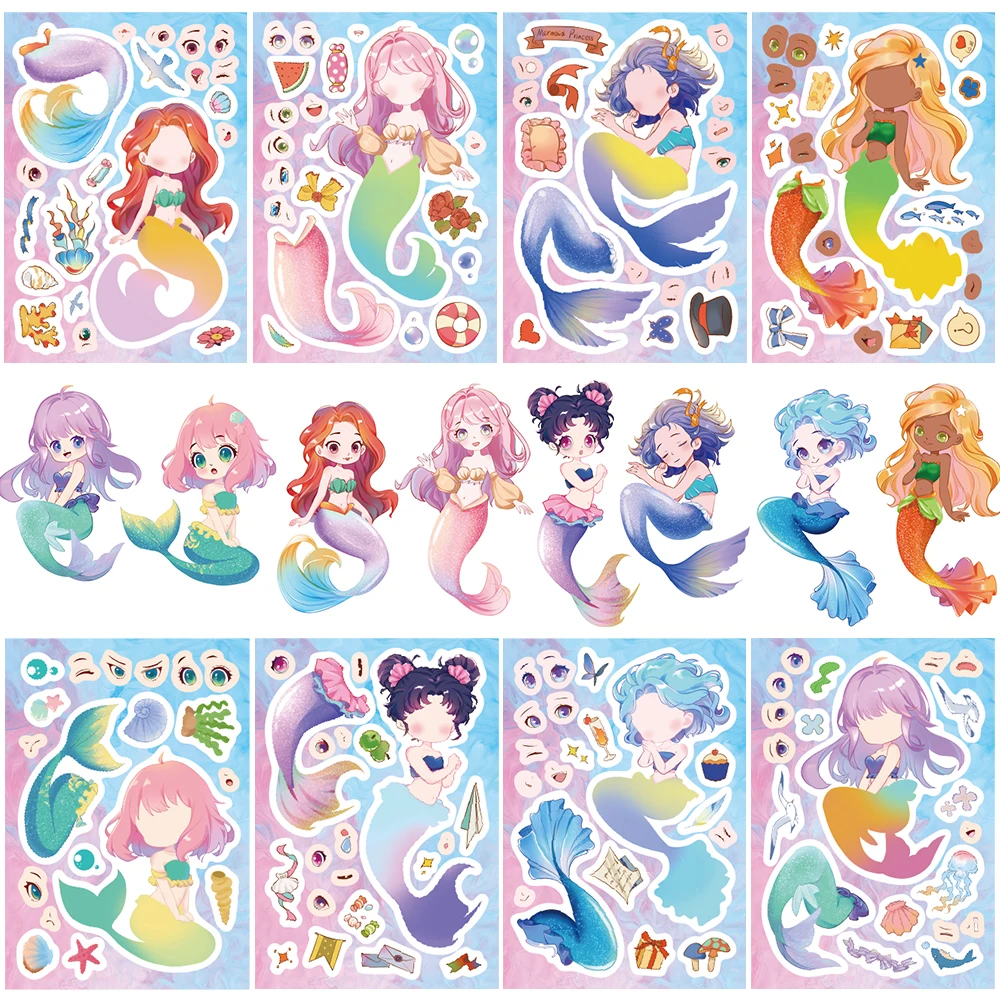 8PCS Mermaid Style Stickers Scrapbooking Cute Creative Laptop DIY Phone Decoration Gift Water Cups Waterproof Festival Stickers