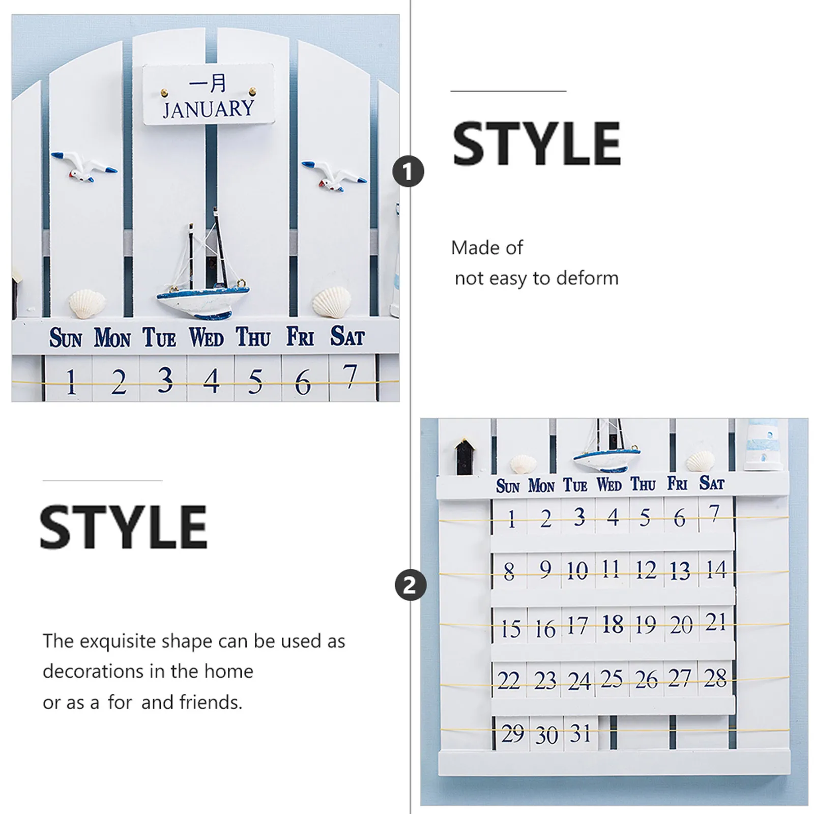 

1Pcs Wooden Wall Calendar Perpetual Mediterranean Style Thick Wood Board Calendar Decoration Home Office Date Reminder Adornment