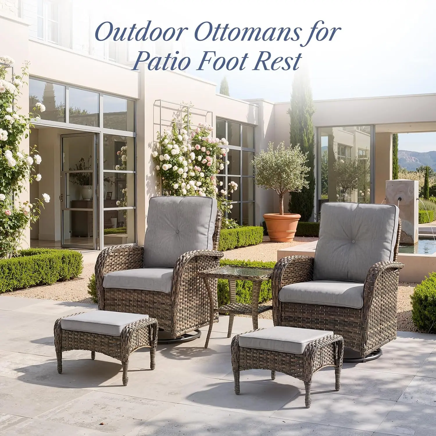 2 Piece Outdoor Wicker Ottoman Thick Cushion All Weather PE Rattan Footrest Handwoven Patio Seat Porch Deck Balcony, Customized