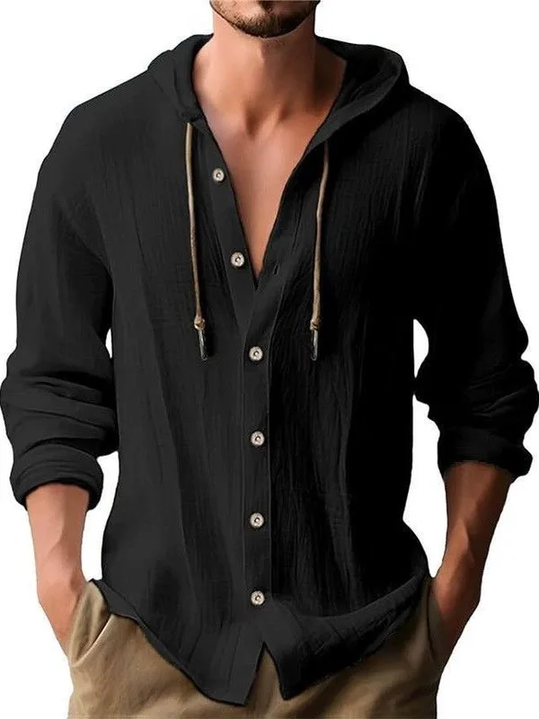 Men's Casual Loose Long Sleeve Cotton Linen Shirt Hooded Drawstring Beach Thin Outerwear Simple  Color Open Cardigan