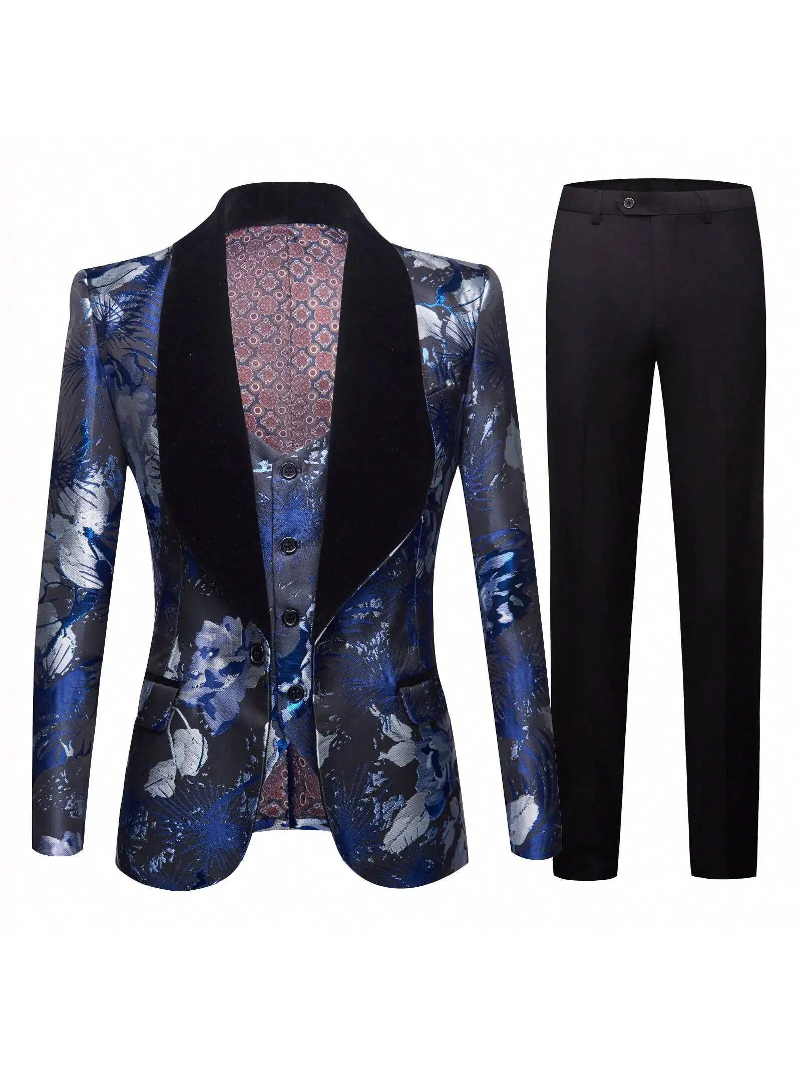 ชุดสูทสามชิ้นทรงเข้ารูปของผู้ชายพร้อมทักซิโด้กระดุมแถวเดียว เหมาะสําหรับงานแต่งงาน ลูกบอล และดินเนอร์ (เสื้อ + เสื้อกั๊ก + กางเกง
