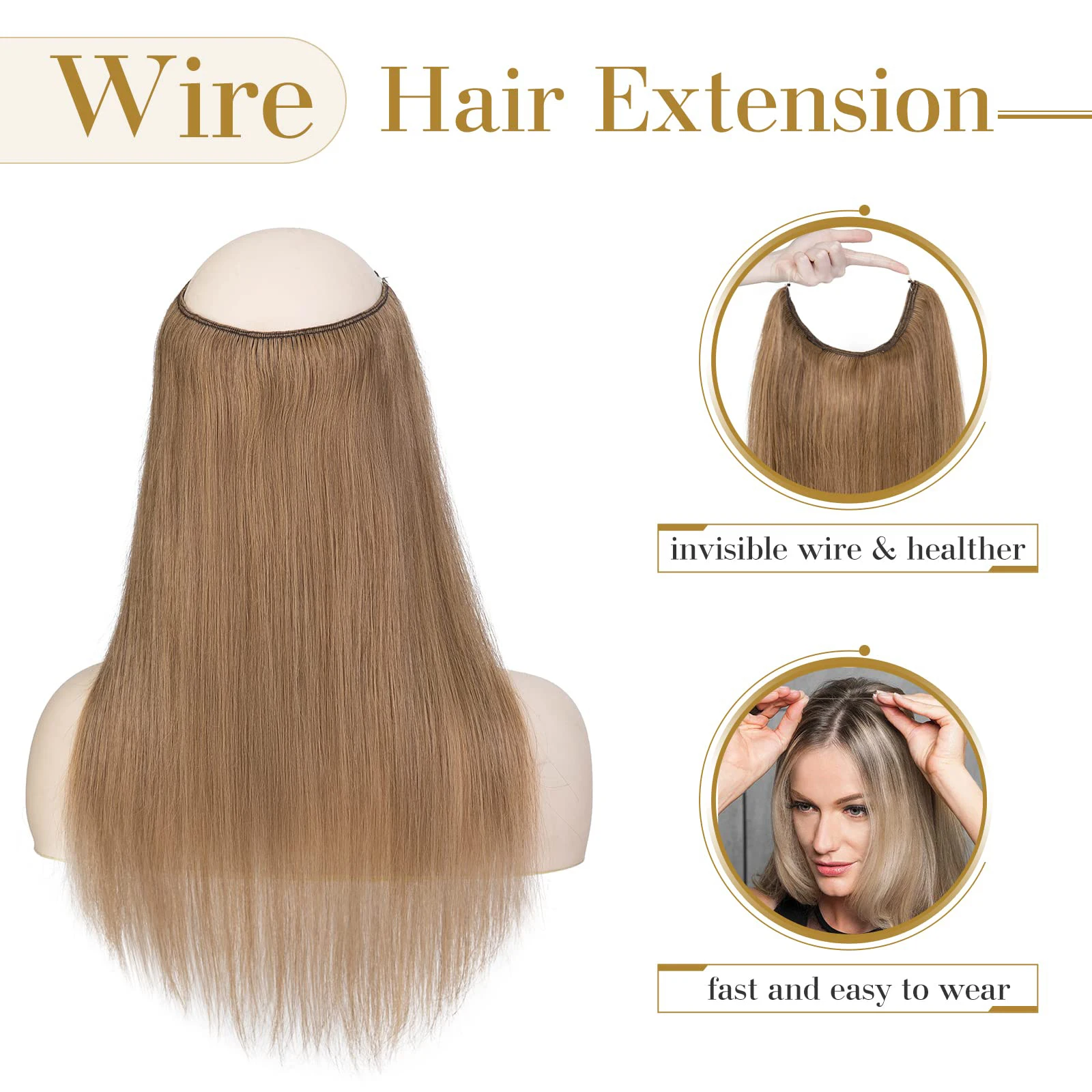 Wire Hair Extensions Human Hair Layered Fish Hair Extensions #6 Real Human Hair with Transparent Line Hair Extensions 16-26inch