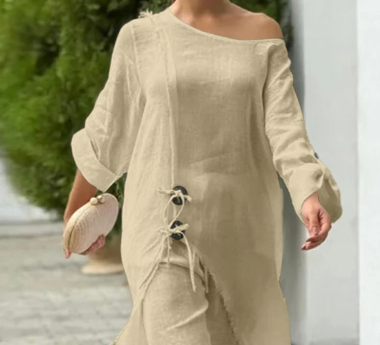 여성 2피스 세트 원숄더 버튼 장식 슬릿 프레이드 엣지 탑과 캐주얼 밴딩 와이드 레그 팬츠 세트