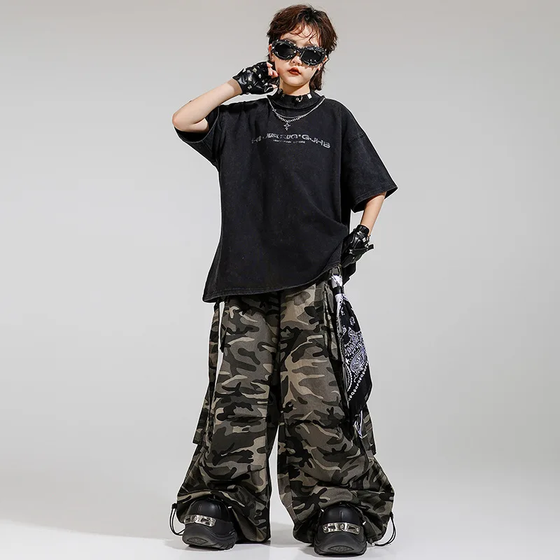 키즈 K팝 힙합 의류 블랙 목넥 티셔츠 탑 카모 캐주얼 스트랩 파라슈트 카고 팬츠 남아 여아 댄스 의상 옷