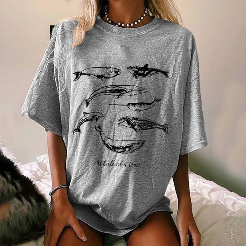 Whale of a Time Print Top Tee Summer Soft Unisex Vegan Dolphin Sea Vintage Ladies shirt Women Casual Short Sleeve Graphic Tshirt