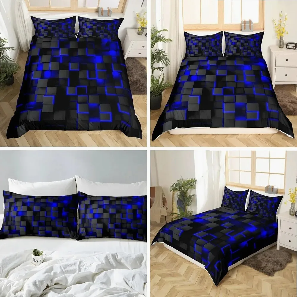 Blue and Black Bedding Duvet Cover Set Light Geometric Bedding Set for Kids Boys Girls Comforter Cover Set Bedspread Cover