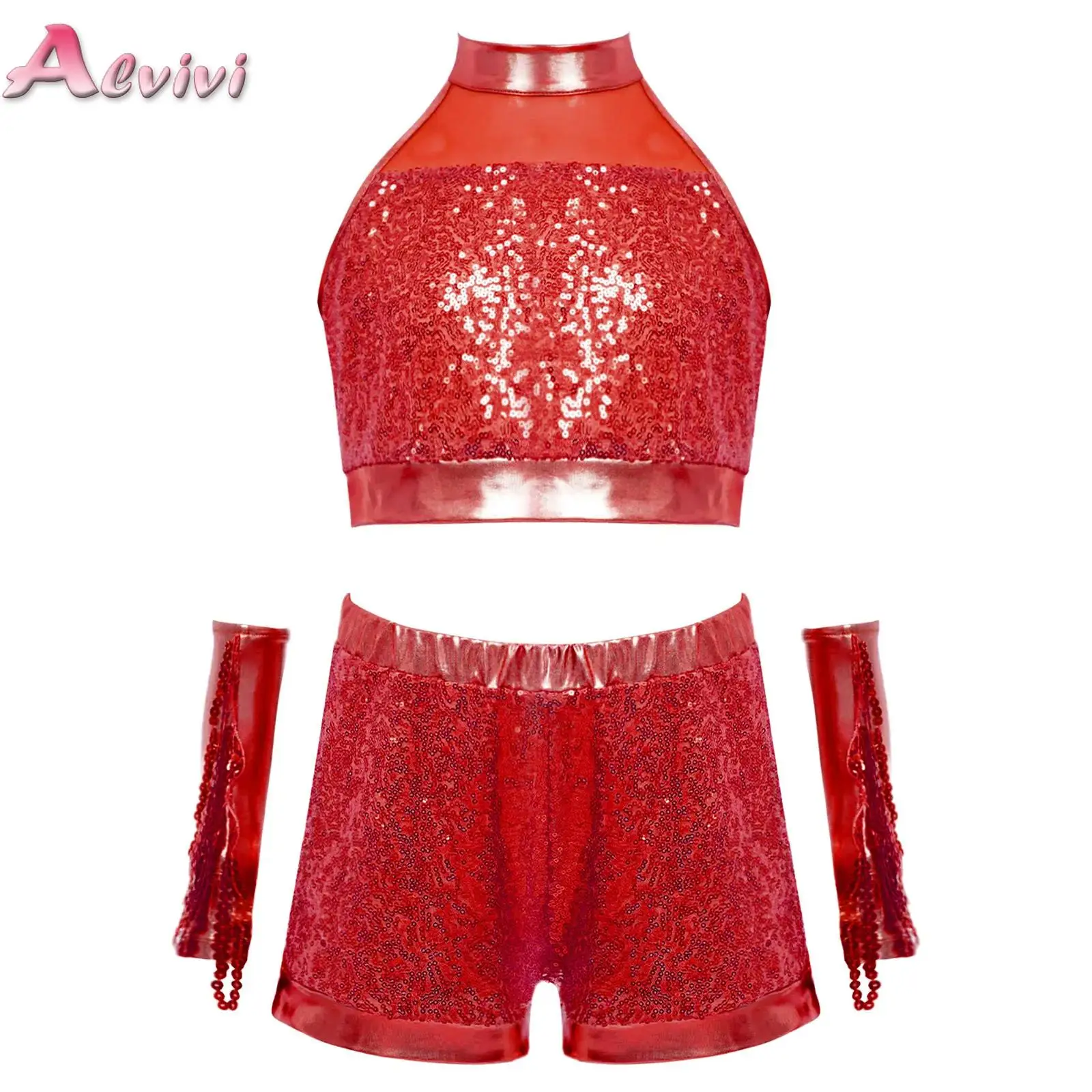 Kids Girls Sequins Clothes Sets Figure Ice Skating Ballet Dance Costume Outfits for Modern Latin Jazz Dancing Stage Performance