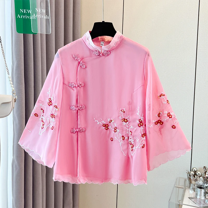 Floral Embroidered Chiffon Blouses Women Flare Sleeve Vintage Tang Tops Chinese Style Retro Buckle Tops