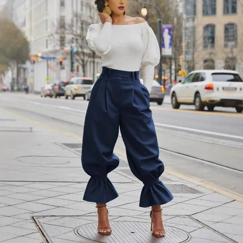 ارتفاع الخصر بنطال ذو قصة أرجل واسعة الحضرية فضفاضة مطوي كشكش هيم مع جيوب سيدة عادية بلون بنطلون المرأة اقتصاص السراويل #1