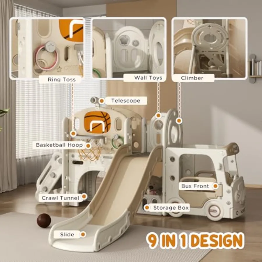 9 in 1 Toddler Slide Indoor Slide for Ages 16 Car Themed Baby Slide with Basketball Hoop Climber Storage Space Ring Toss Telesc