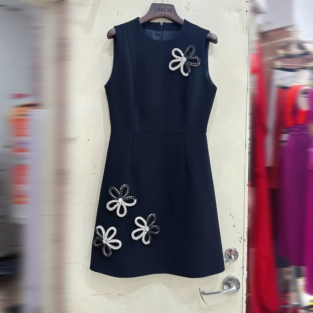 

2025 new niche sleeveless vest skirt short skirt heavy beaded flower contrast color dress-GZXX365