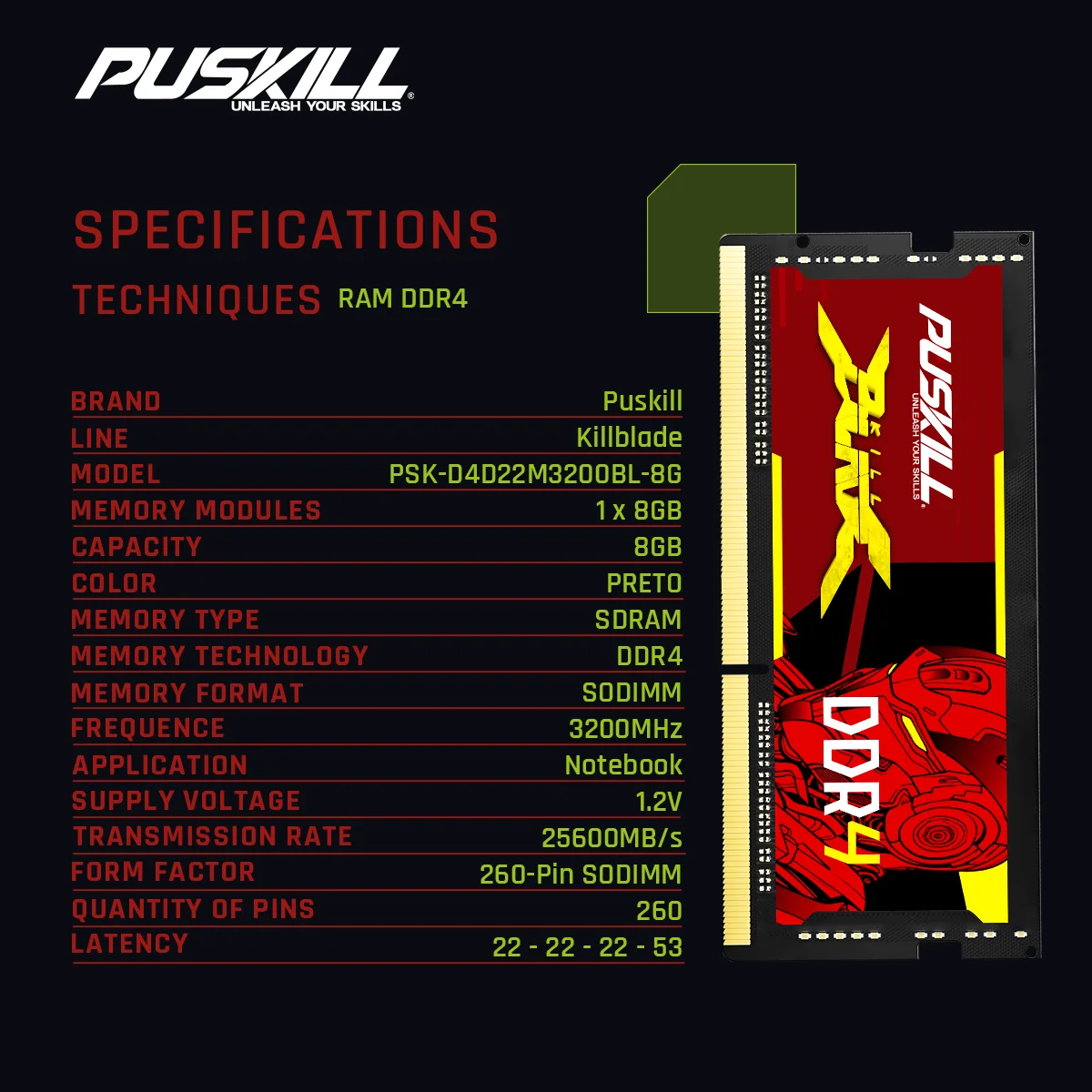 PUSKILL DDR4 mémoire pour ordinateur portable RAM 16GB 8GB 3200MHz 2666MHz 1.2V 260 broches SODIMM mémoire pour ordinateur portable