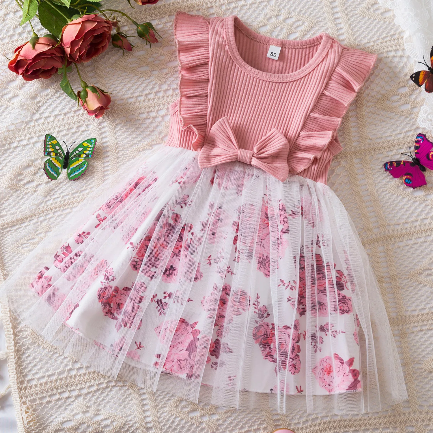 2024 Butterfly Girls Dress Summer Bow Decoration Little Princess Dress Christmas Birthday Party Gift 2-10 Years Kids Clothes