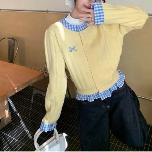 

Korean Yellow Fake Two-piece Checkered Spliced Sweater for Women's Spring Design, Butterfly Knot Knit Sweater, Short Top