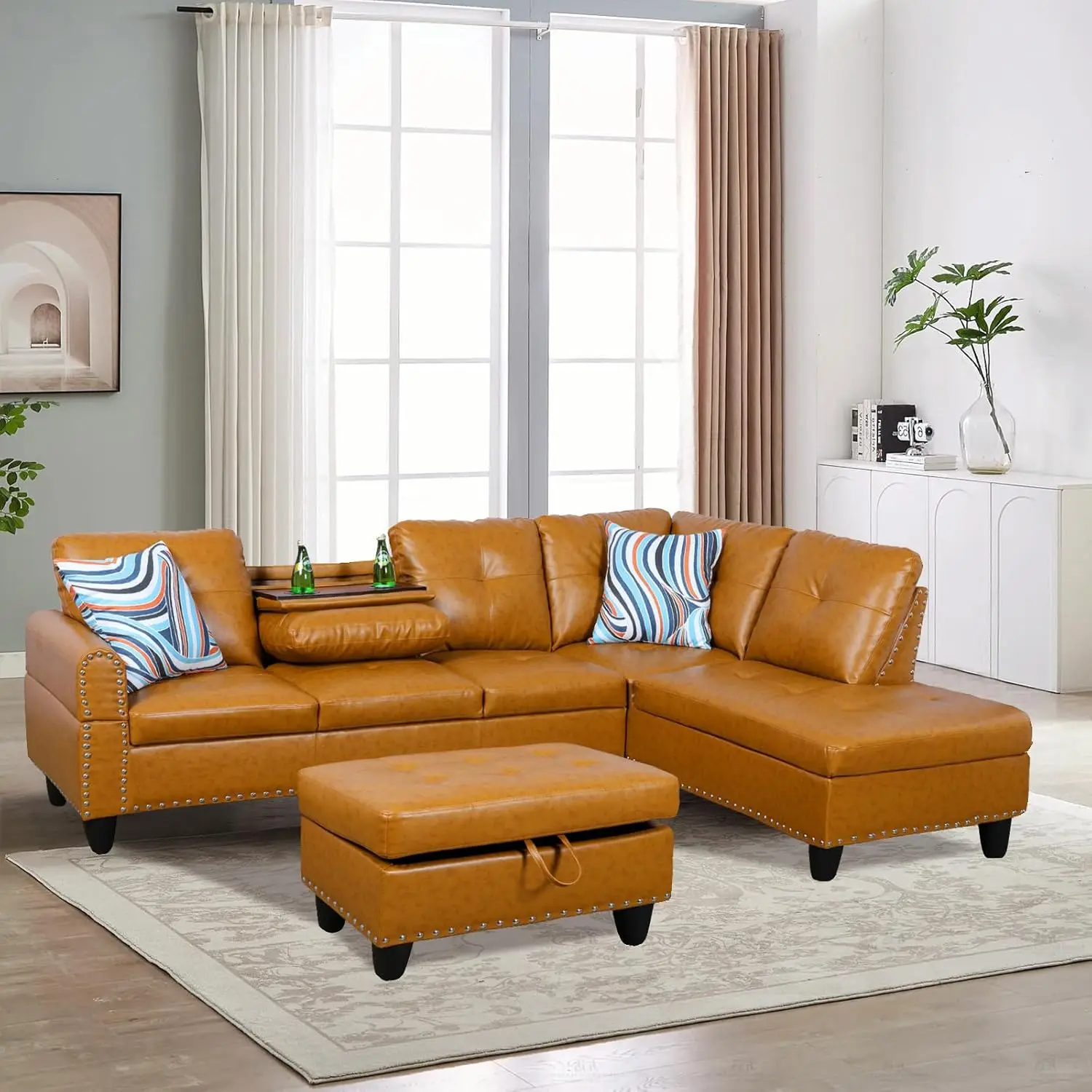 

3-Piece L-Shape Sectional Sofa, 5-Seat Modular Couch, Nickel-Trimmed, Coffee Table, Reversible Chaise, Ottoman, Ginger