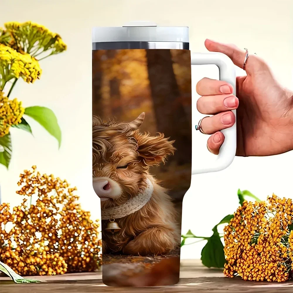 40oz Tumbler with Handle, Cute Shaggy Highland Cows Print Water Cup, Suitable for Men And Women, Works for Hot And Cold Drinks, Great for Outdoor Travel Daily Use All Year Round