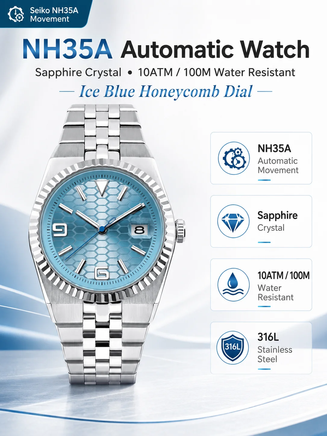 CORGEUT NH35A 8215 Automatikuhr für Herren Eisblaues Waben-Zifferblatt Saphirglas 100M Wasserdicht Leuchtend 316L Stahl Armbanduhr – Detail 1