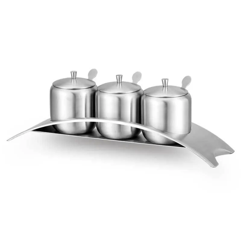 

304 Stainless Steel Seasoning Jar Three Flavored Dust-proof and Moisture-proof Sugar Jar Salt Jar Kitchen Seasoning Box Spice