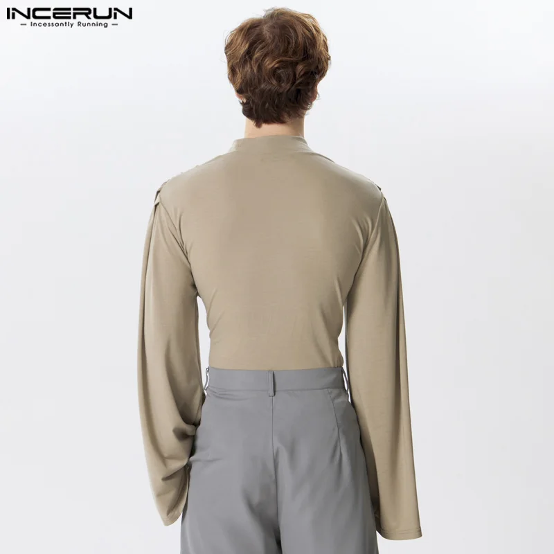 2024 Men T Shirt Turtleneck Long Sleeve Pleated Male Irregular Tee Tops Streetwear Solid Color Casual Fashion Camisetas INCERUN