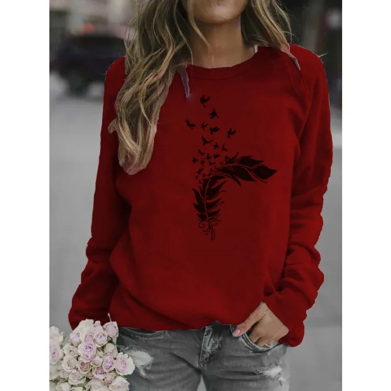 Women\'s Printed Feather Crew-neck Hoodie Streetwear Women  Aesthetic  Sweatshirts  Sweatshirt  Women Clothing