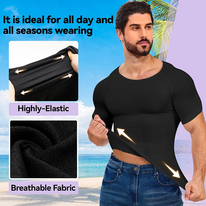 Men Body Shaper Tight Compression Shirts Tummy Control Abdomen Slimming Shaping Back Support Gynecomastia Reduce Boobs Underwear