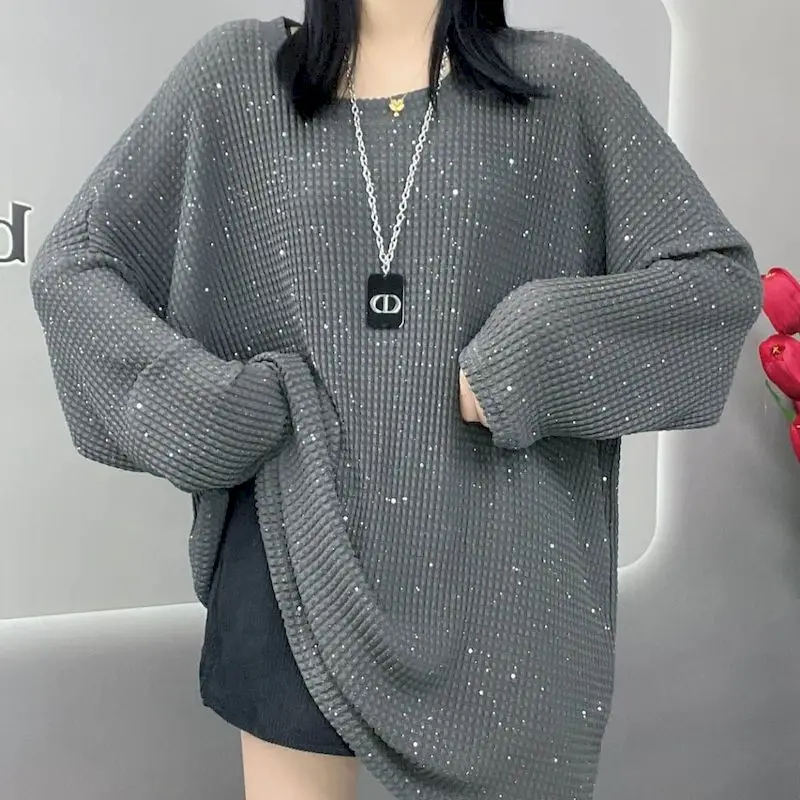 Fashion Pullovers Women Shiny Diamond Profile Decorate Sequin Tops Spring Autumn Trendy Loose Oversized Pullover Y2k Clothes