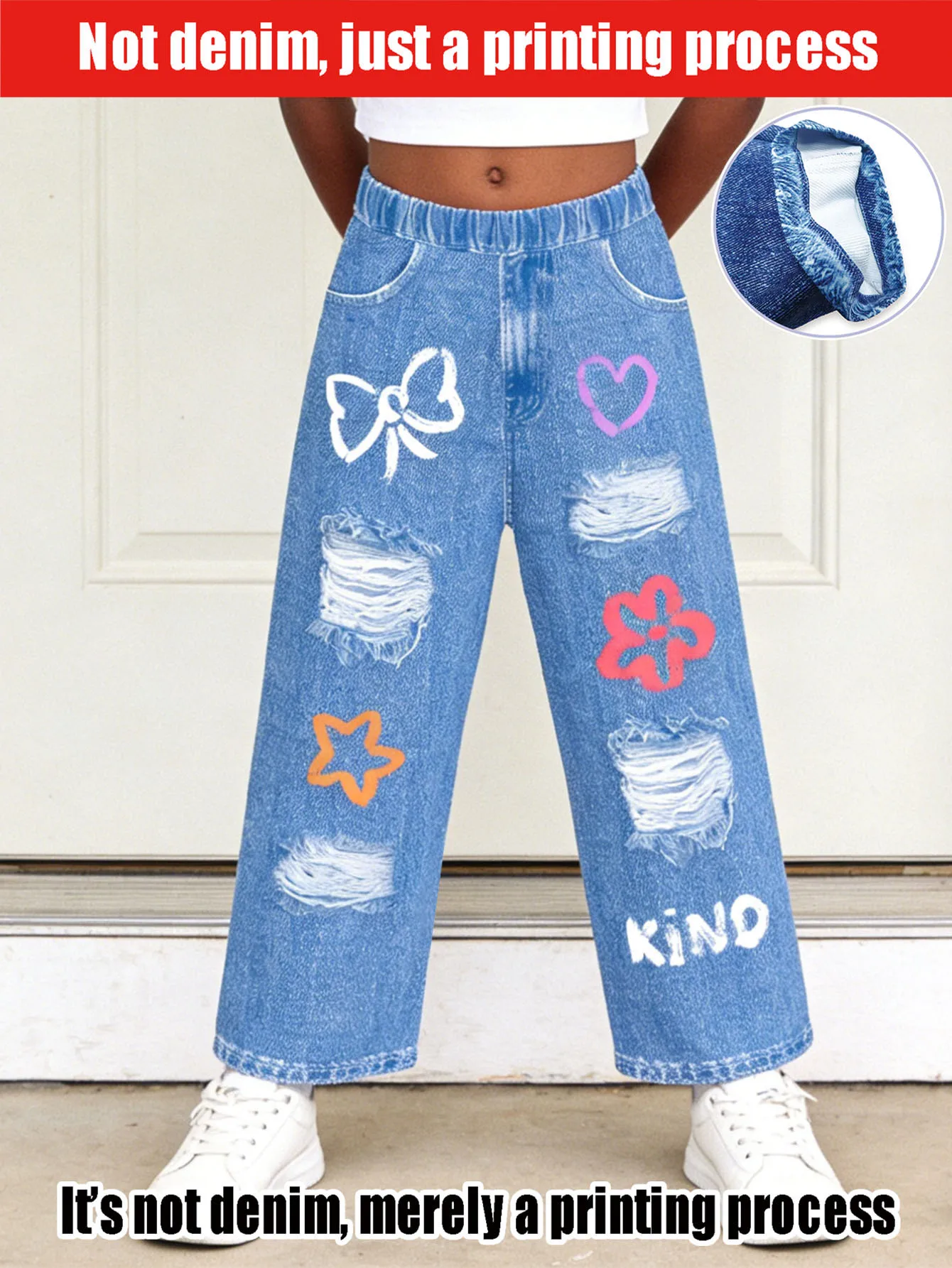 2026 Children's Blue Ripped Simulated Denim Pants