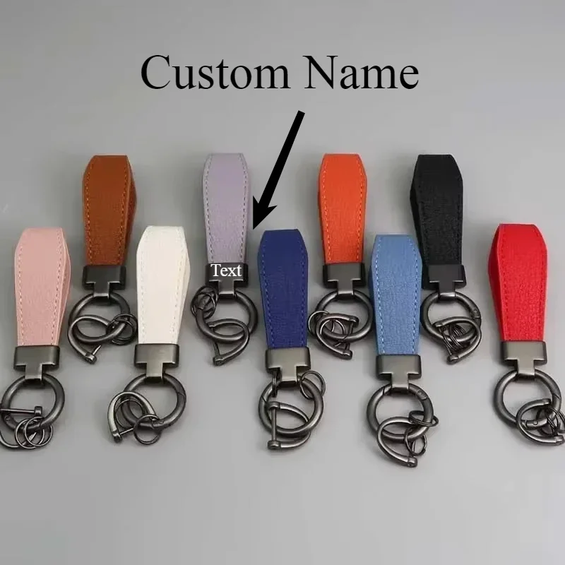 

Custom Logo Name Luxury Genuine Leather Keychain Plaid Colors Women Men Keyring Black Buckle Car Moto Key Ring Chain Gift