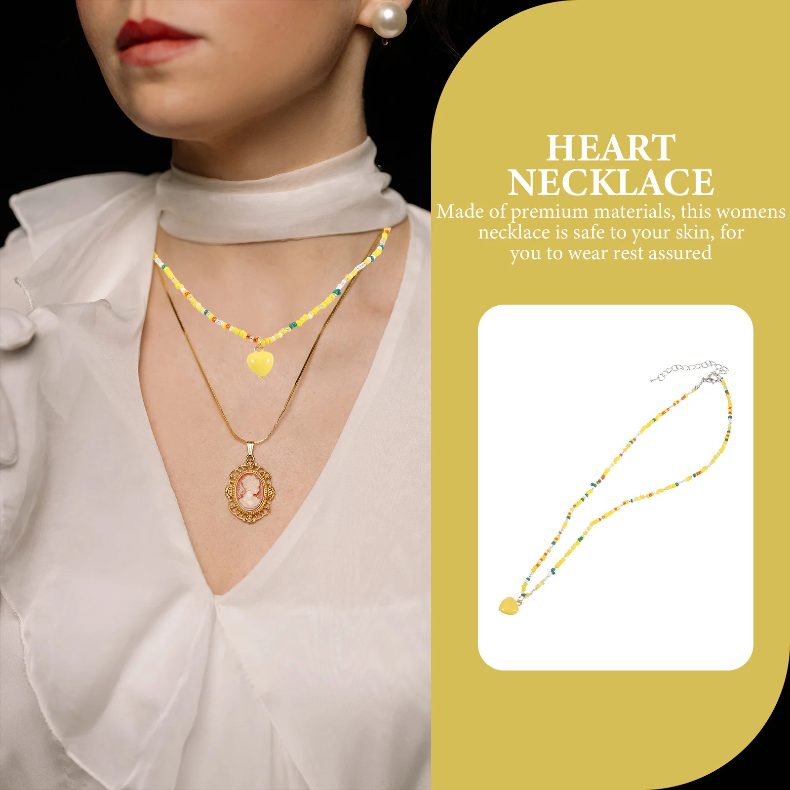 

Womens Necklace Heart Pendant Beaded Design Safe Skin Gentle Texture Light Weight Easy to Wear Remove Various Clothes Styles
