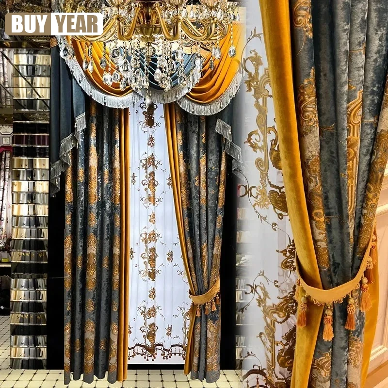 

Palace Blue Gilded Embroidered Flannelette Patched Curtains For Living Room Bedroom Balcony Window Embroidered Window Screen