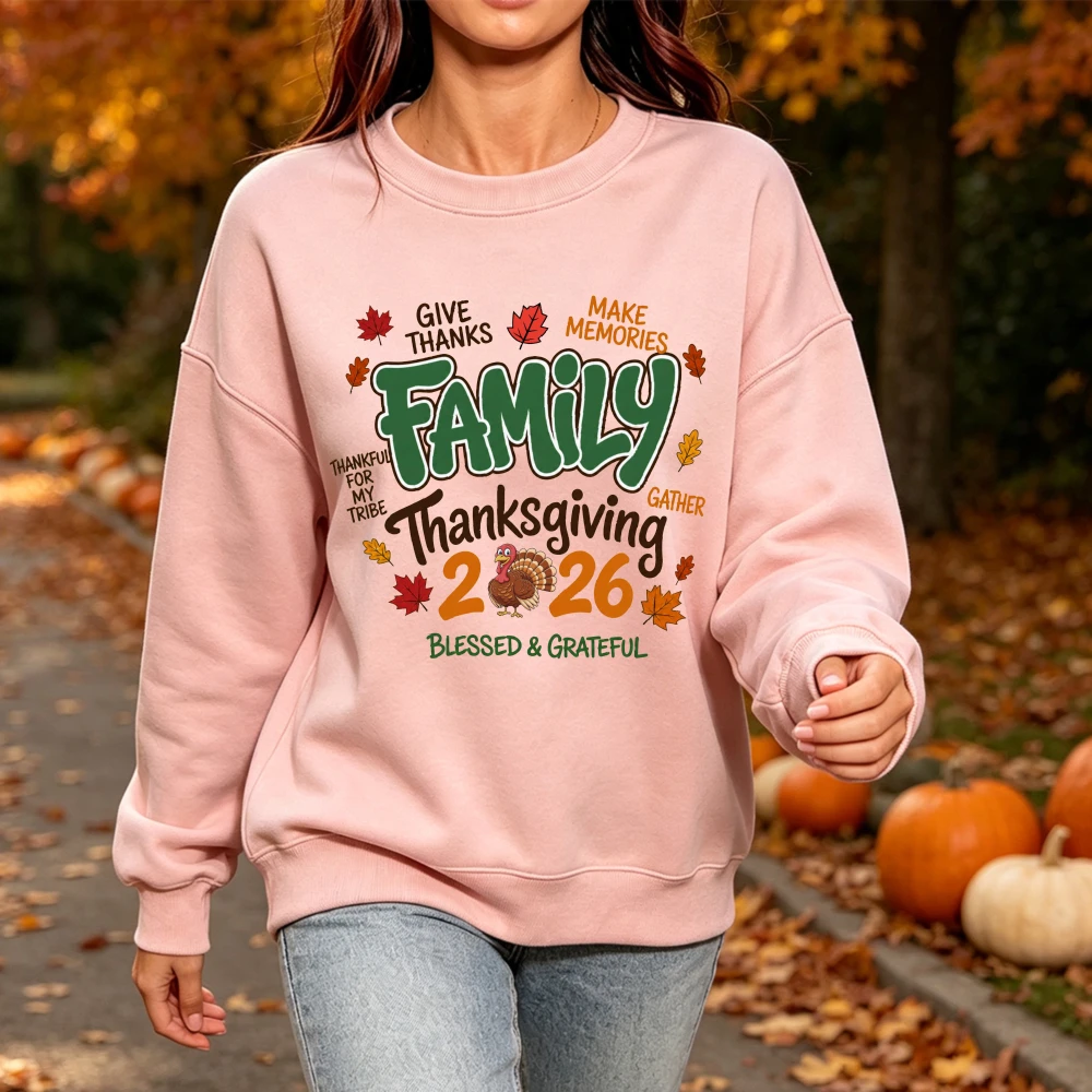 Autumn Winter Thanksgiving 2026 Family Matching Graphic Long Sleeve Hoodie Blessed Grateful Pumpkin Leaves Men Women Unisex Top