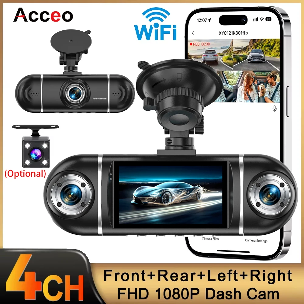 Caméra embarquée 3/4 canaux WiFi avec application, enregistrement vidéo 1080P, vision nocturne, enregistrement en boucle, enregistreur vidéo de conduite, boîte noire