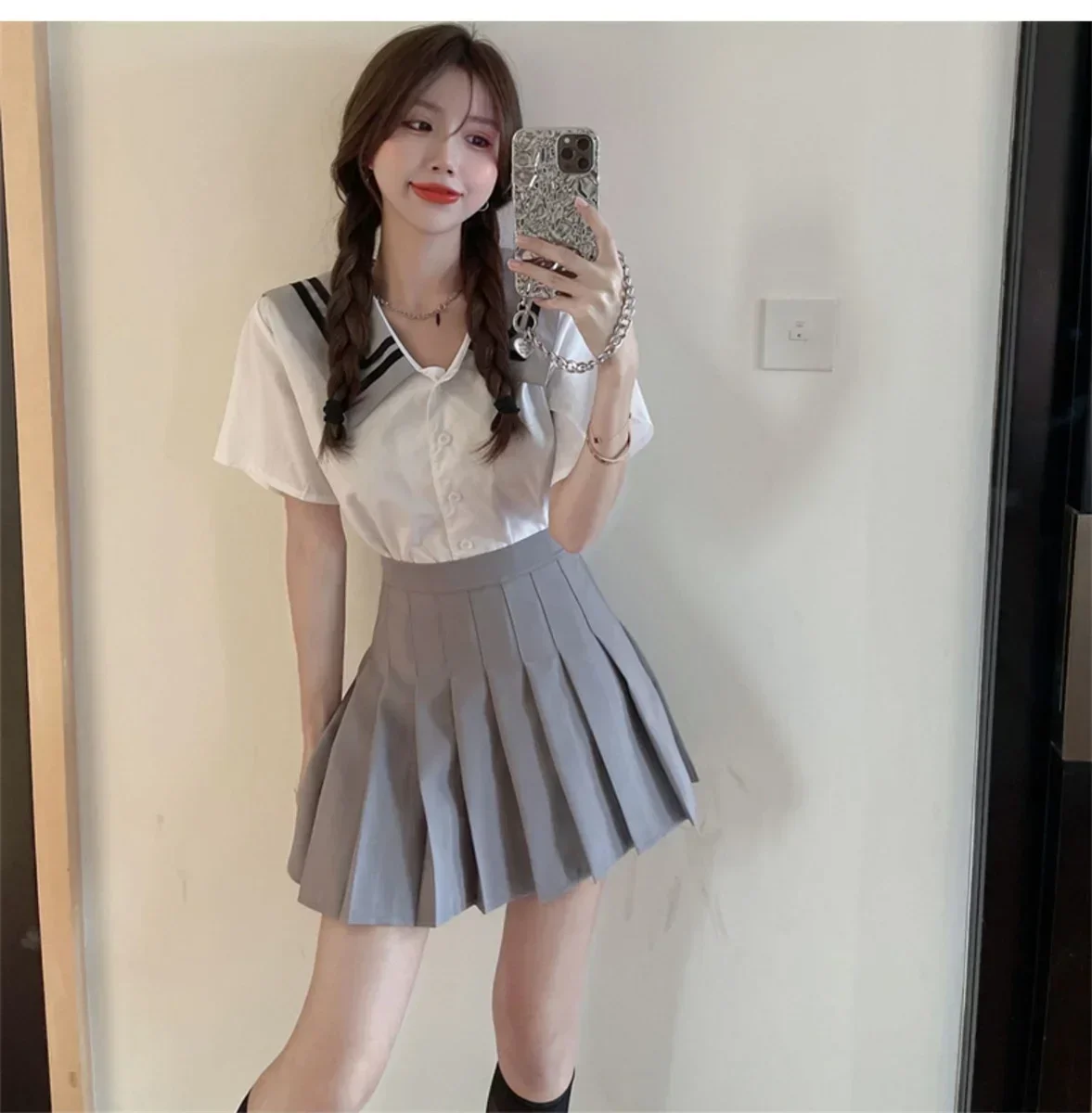 Wear and match to look taller, age reducing, student foot bath technician JK uniform, summer clothes, shirt, skirt, 3-piece set