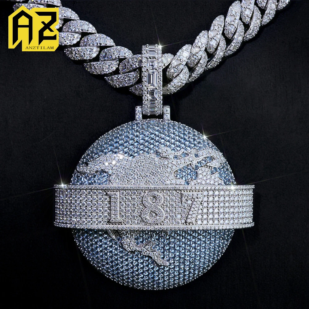 Anztilam VVS Moissanite Custom Blue Earth Iced Out Pendant Necklaces For Men Long Link Chain Women Brass Hip Hop Jewelry