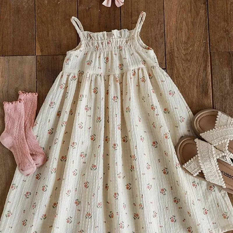 

Baby Girl Dress Girls Floral Full Print Dress 2024 Summer Ocean Air Sweet Cute Pull Ruffled Lace Cool Halter Fashion Dresses